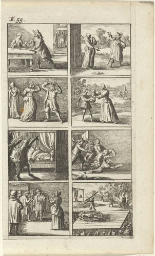 Verhaal met voorstellingen van moord en doodstraf (F. 55.) by Abraham Dircksz. Santvoort, print, 1667