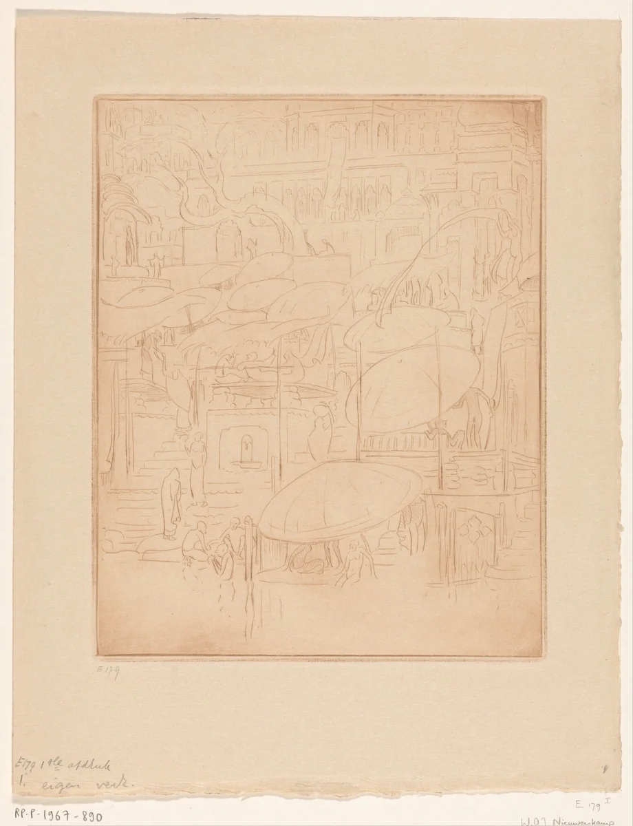 Badende en biddende mannen en vrouwen aan de oever van de Ganges in Benares by Wijnand Otto Jan Nieuwenkamp, print, 1917
