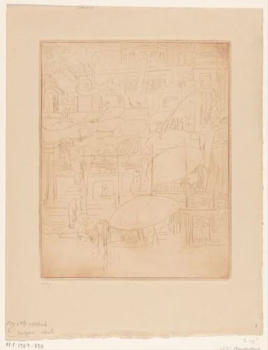 Badende en biddende mannen en vrouwen aan de oever van de Ganges in Benares by Wijnand Otto Jan Nieuwenkamp, print, 1917