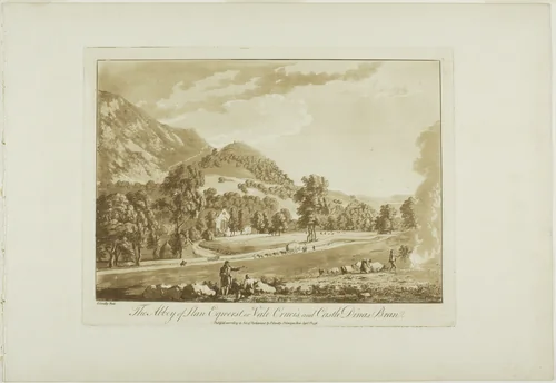 The Abbey of Llan Egnerst or Vale Crucis, and Castle Dinas Bran, plate five from Twelve Views in North Wales by Paul Sandby, print, 1776