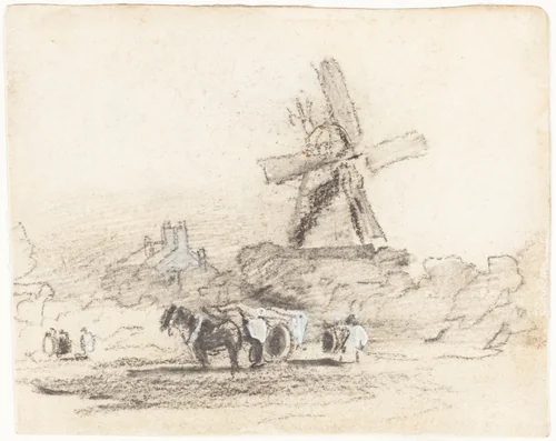 A Cart with Two Horses near a Windmill by David Cox, drawing, 1783-1859