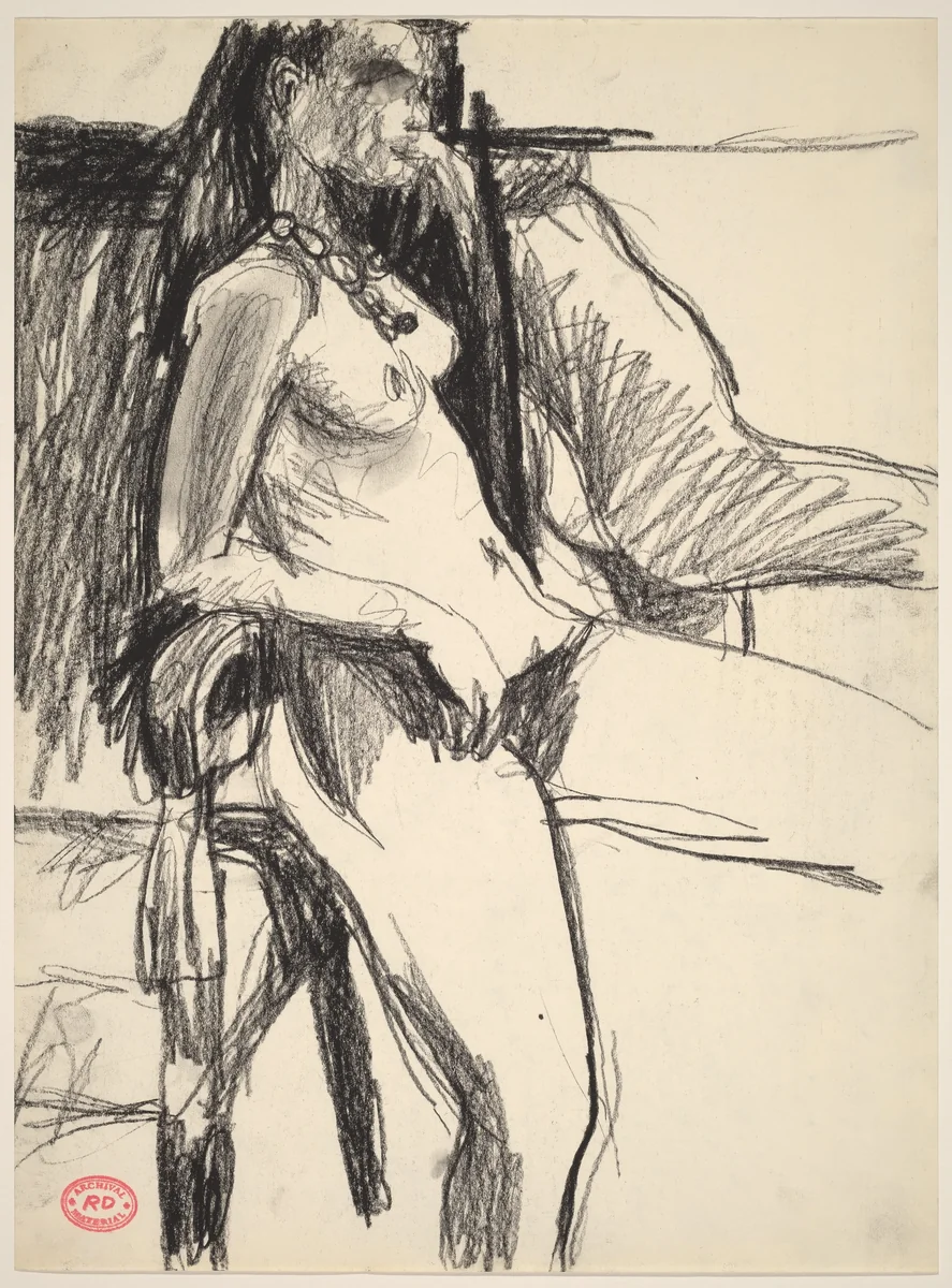 Untitled [nude leaning back and resting her elbows on a chair arm] by Richard Diebenkorn, drawing, 1955-1967