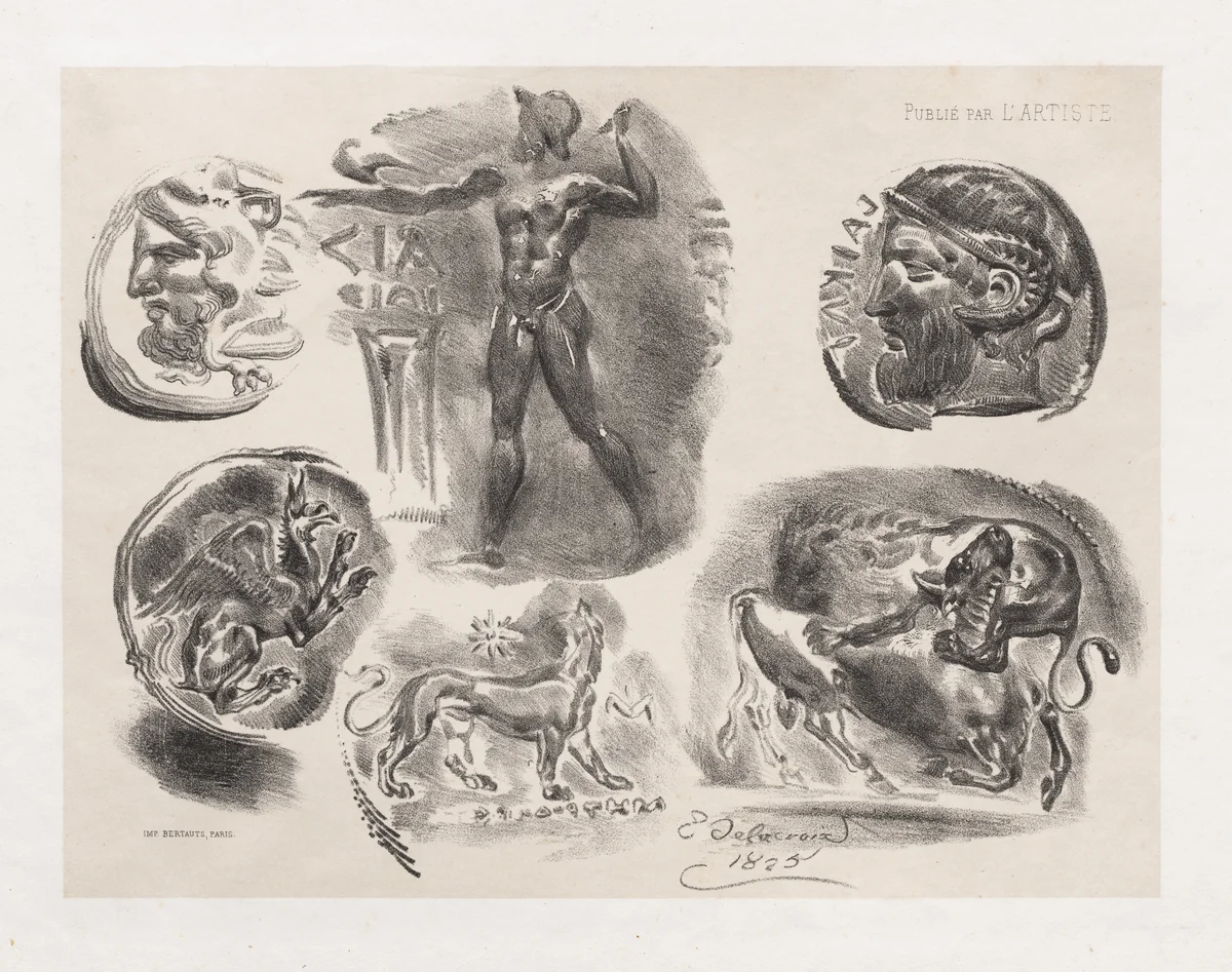 Sheet of Six Antique Coins by Eugène Delacroix, print, 1825