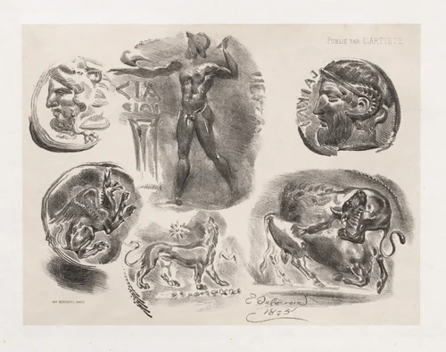 Sheet of Six Antique Coins by Eugène Delacroix, print, 1825