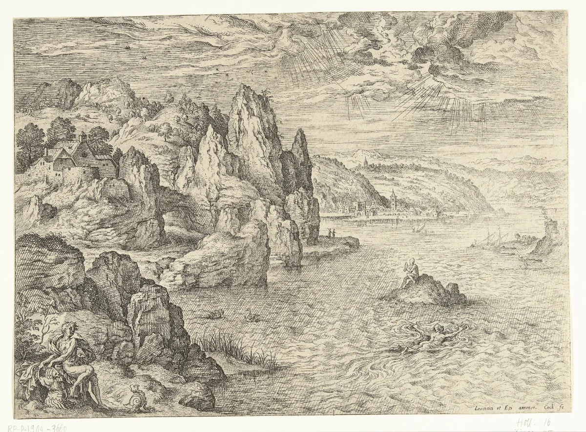 Coastal Landscape with Hero and Leander by Unknown, print, 1551-1558