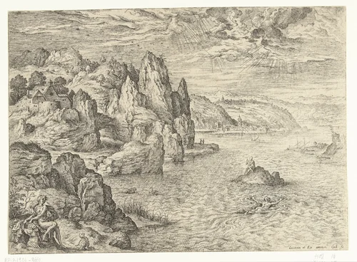 Coastal Landscape with Hero and Leander by Unknown, print, 1551-1558