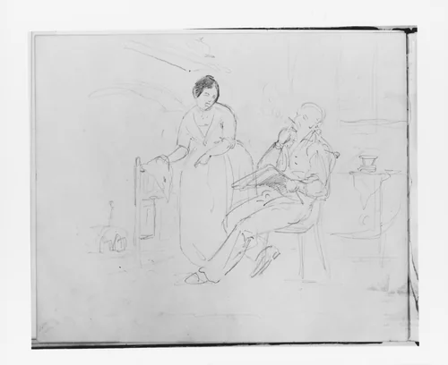 Interior Scene with Man Smoking and Woman Pointing (from Sketchbook) by Francis William Edmonds, artwork, 1835-1839