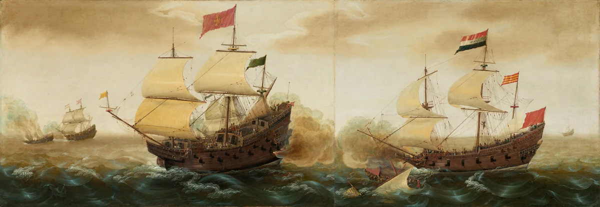 A Naval Encounter between Dutch and Spanish Warships by Cornelis Verbeeck, painting, 1618-1620