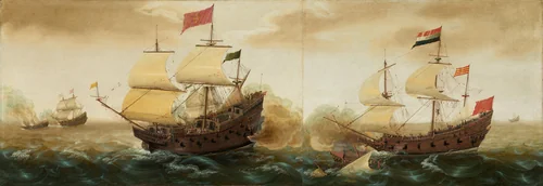 A Naval Encounter between Dutch and Spanish Warships by Cornelis Verbeeck, painting, 1618-1620