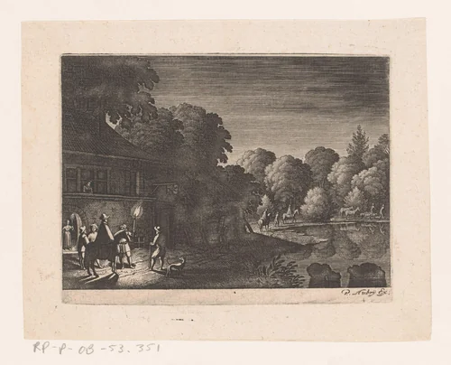 Nachtelijk vertrek bij een herberg by Matthäus Merian, print, 1603-1650