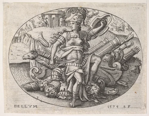 War: Bellona sits on a trophy of arms (La Guerre: Bellone assise sur un trophée d'armes) by Etienne Delaune, print, 1575