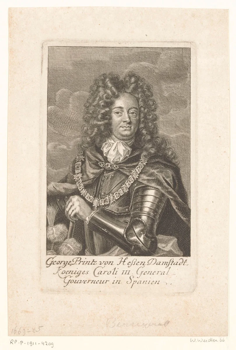 Portret van Georg von Hessen-Darmstadt by Martin Bernigeroth, print, 1699-1733