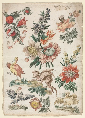 Floral Designs with Birds and Griffon by Giacomo Cavenezia, drawing, 1784