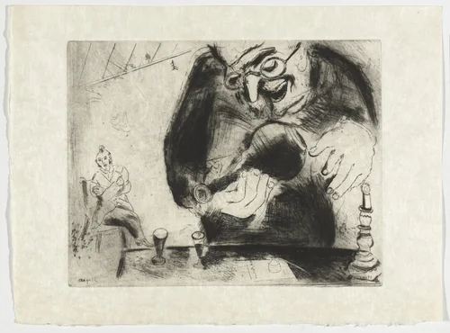 Pliouchkine Offers a Drink (Pliouchkine offre à boire), plate XLIV (supplementary suite) from Les Âmes mortes by Marc Chagall, illustrated book, 1923