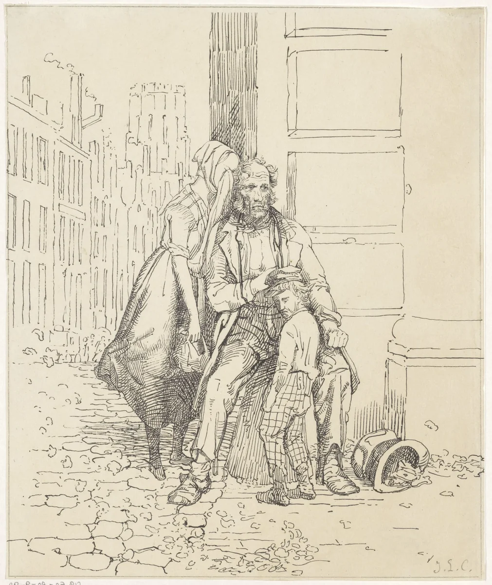 Zwervend gezin op straat by Jacobus Ludovicus Cornet, print, 1825-1882