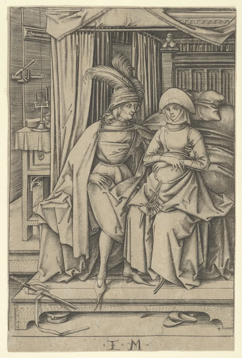 Couple Seated on a Bed, from Scenes of Daily Life by Israhel van Meckenem, print, 1435-1503