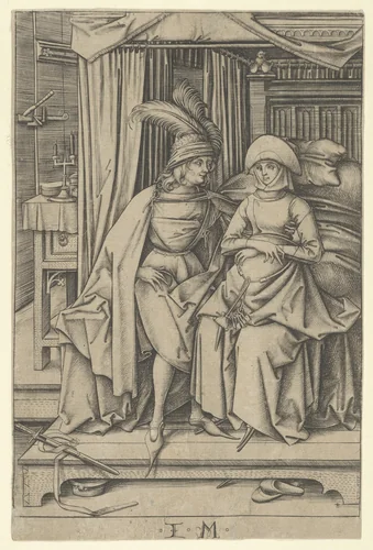 Couple Seated on a Bed, from Scenes of Daily Life by Israhel van Meckenem, print, 1435-1503