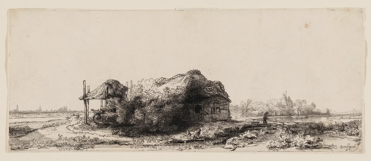 Landscape with Cottages and a Hay Barn: Oblong by Rembrandt van Rijn, print, 1641