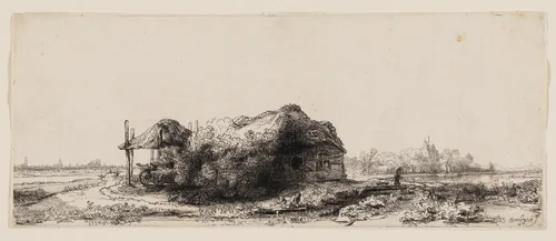 Landscape with Cottages and a Hay Barn: Oblong by Rembrandt van Rijn, print, 1641