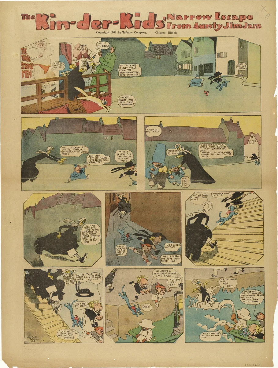 The Kin-der-Kids' Narrow Escape from Aunty JimJam from The Chicago Sunday Tribune by Lyonel Feininger, print, 1906