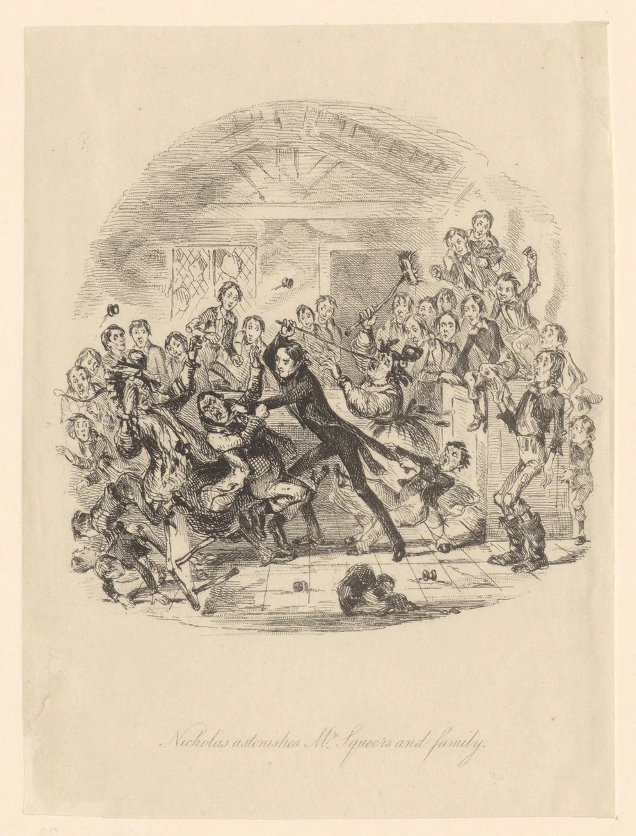 Nicholas Nickleby in gevecht met Wackford Squeers en zijn familie by Hablot Knight Browne, print, 1838
