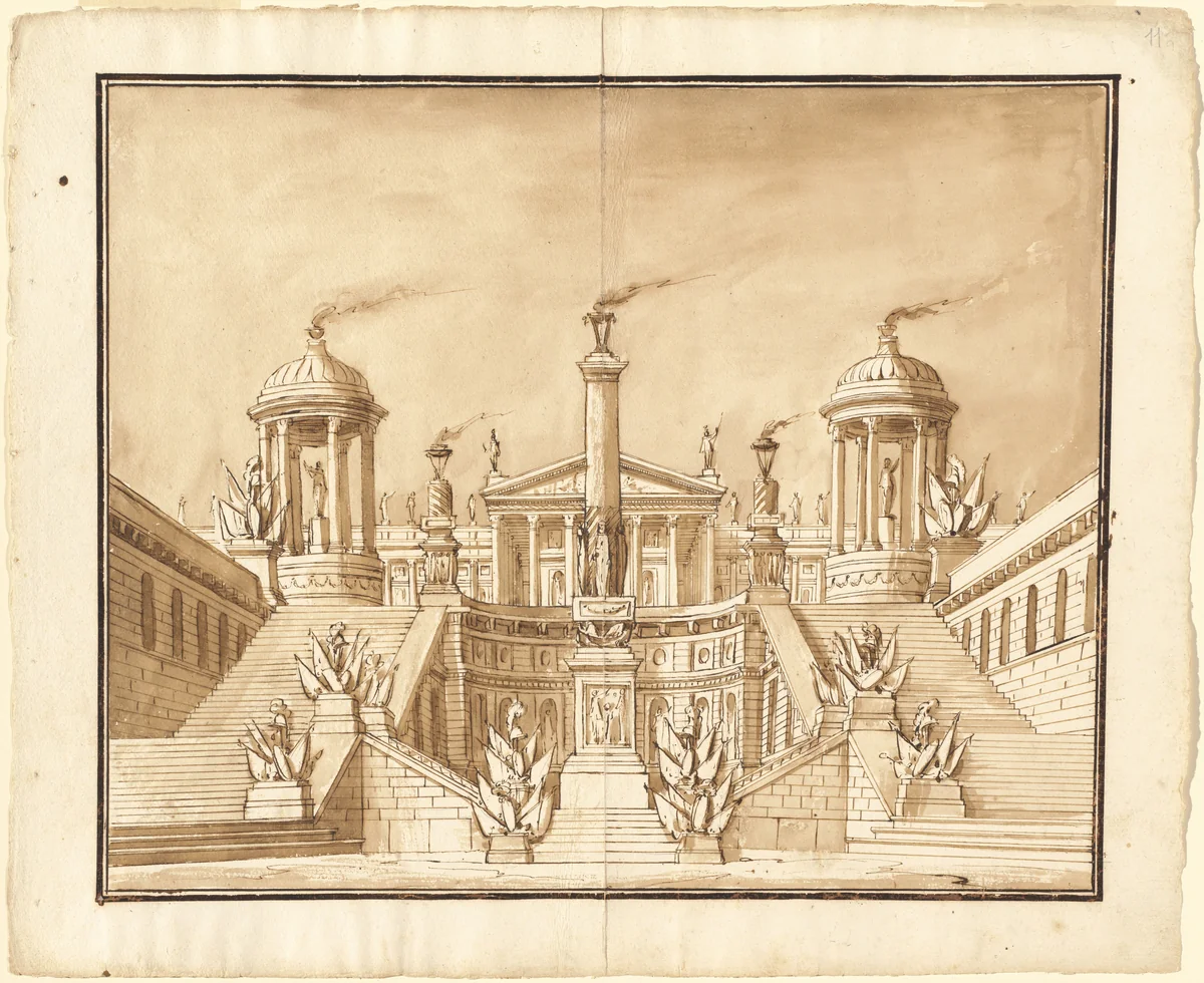 Fantasy of an Ancient Capitol with Trophies and Grand Staircases by Pietro Gonzaga, drawing, 1751-1831