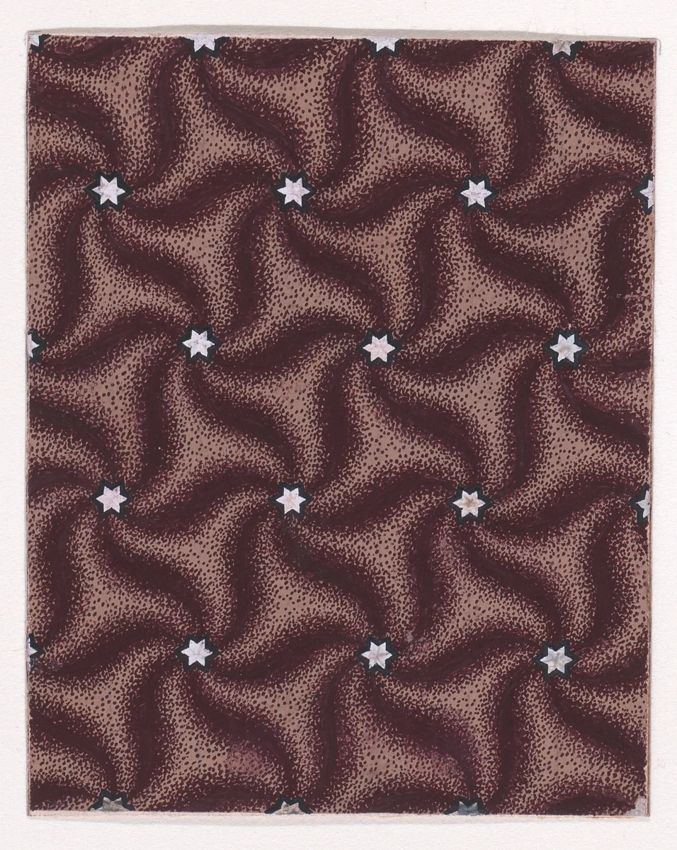 Textile Design with a Seamless Pattern of Swirls Decorated with Haxagrams over a Stippled Background by anonymous, drawing, 1840