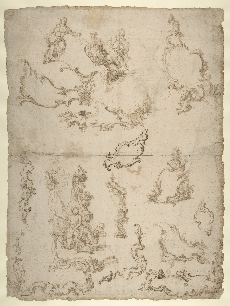 Studies for Figural Groups and Ornament (recto); Design for a Baptismal Font (verso) by anonymous, drawing, 1700-1800