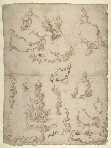 Studies for Figural Groups and Ornament (recto); Design for a Baptismal Font (verso) by anonymous, drawing, 1700-1800