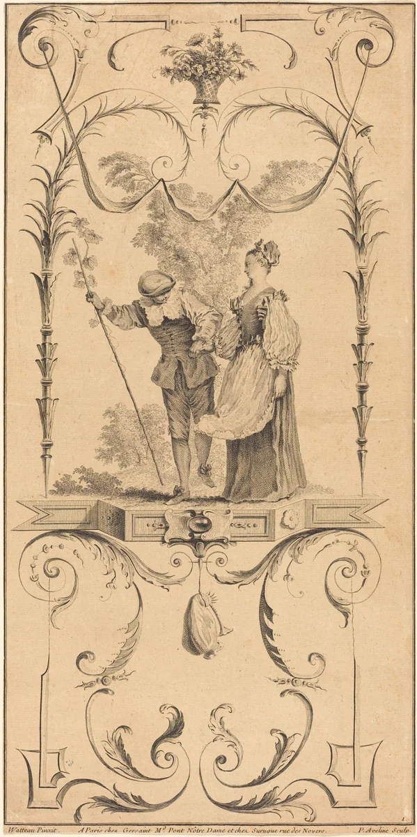 Shepherd and Shepherdess (?) by Pierre-Alexandre Aveline
Antoine Watteau, print, 1702-1760