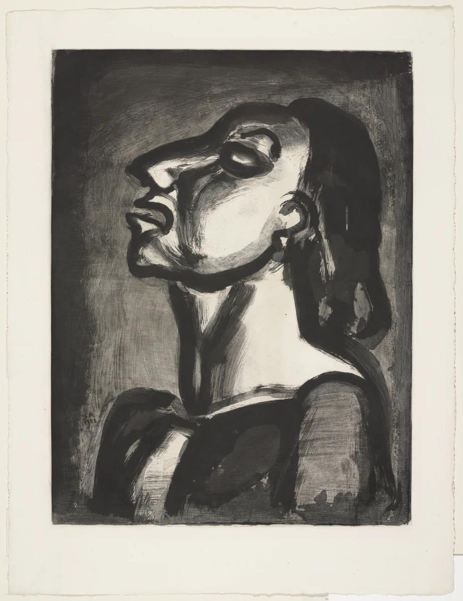 His Lawyer, in Hollow Phrases, Proclaims His Complete Unawareness... (Son avocat en phrases creuses clame sa totale inconscience...), plate XIX from Miserere by Georges Rouault, illustrated book, 1922