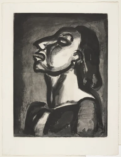 His Lawyer, in Hollow Phrases, Proclaims His Complete Unawareness... (Son avocat en phrases creuses clame sa totale inconscience...), plate XIX from Miserere by Georges Rouault, illustrated book, 1922