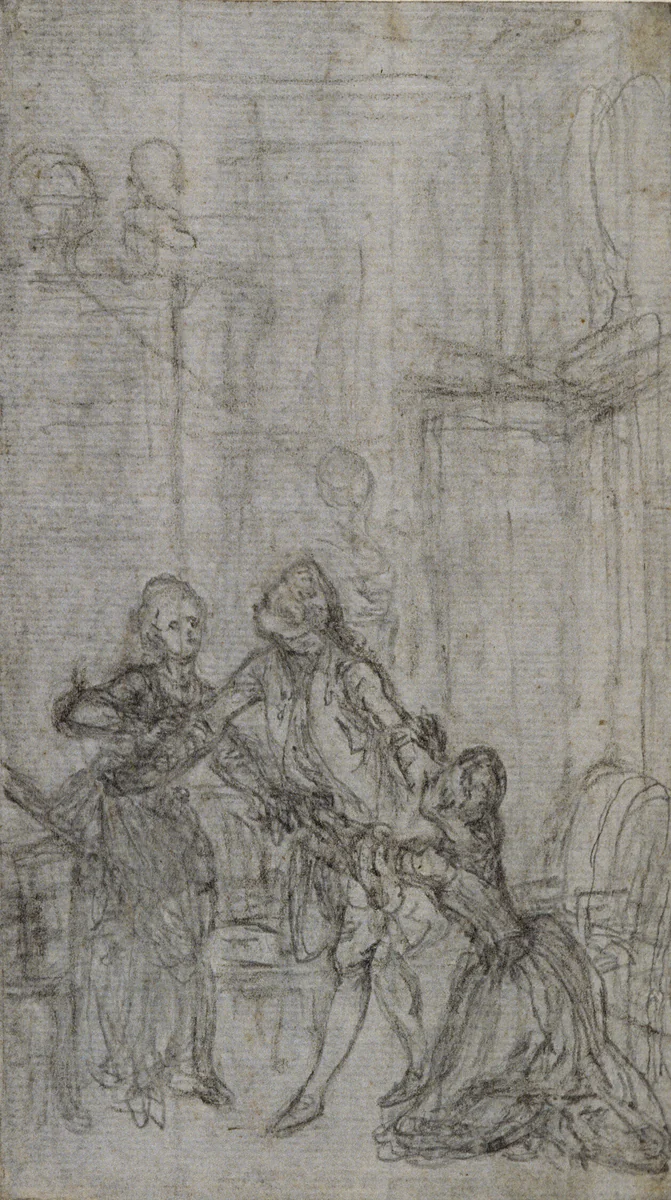 Study for Vignette-Frontispiece in Charles-Simon Favart's "L'Amitié à L'Epreuve" by Hubert François Gravelot, drawing, 1761-1773