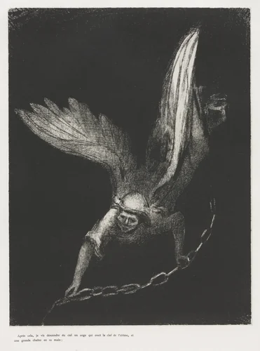 And I Saw an Angel Coming Down from Heaven, Having the Key of the Bottomless Pit and a Great Chain in His Hand by Odilon Redon, print, 1899