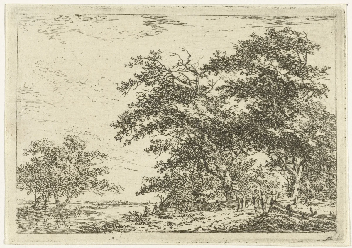 Pratende mannen bij hek aan bosrand by Hermanus van Brussel, print, 1800-1815