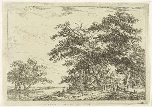 Pratende mannen bij hek aan bosrand by Hermanus van Brussel, print, 1800-1815