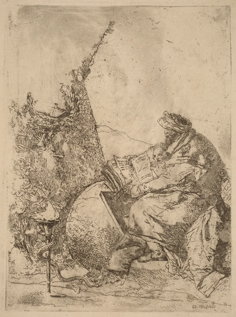 Philosopher Seated, with Globe, Book, and Compass by Giovanni Battista Tiepolo, print, 1696-1770