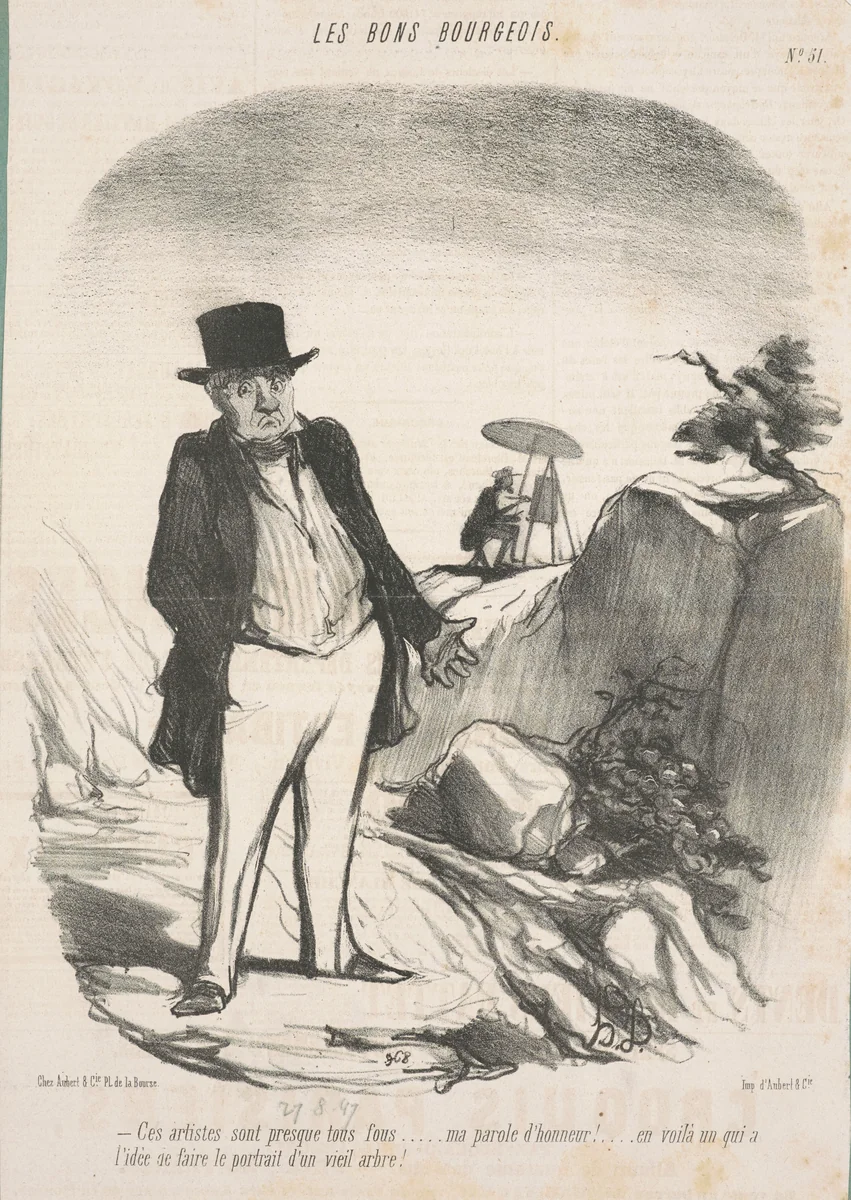 Ces artistes sont presque tous fous . . . Ma parole d'honneur! . . . En voilà un qui a l'idée de faire le portrait d'un vieil arbre! by Honoré Daumier, print, 1847