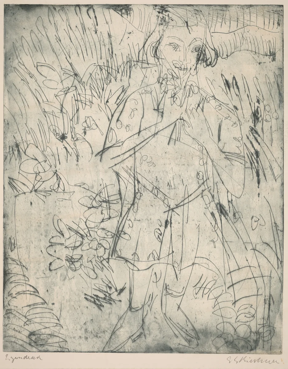 Girl with Flowers by Ernst Ludwig Kirchner, print, 1923