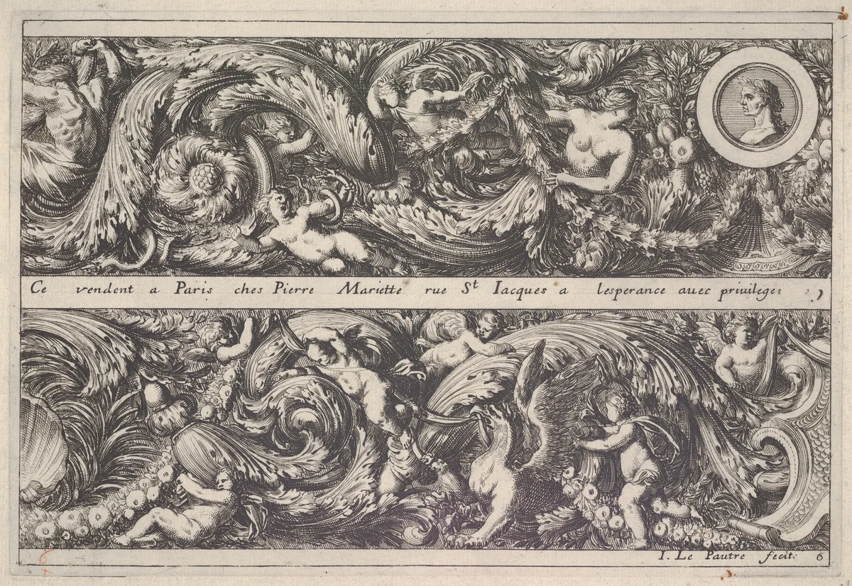 Two Designs for Friezes, of which one has a Round Portrait Medaillon, from "Frises, feuillages ou tritons marins antiques et modernes" by Jean Le Pautre, print, 1635-1645