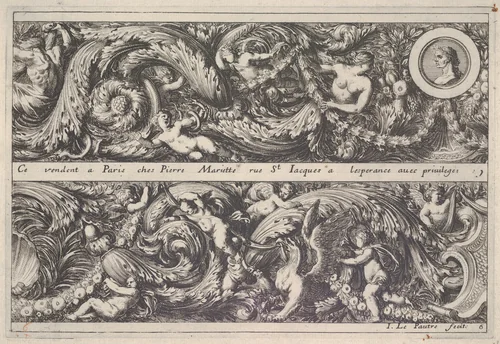 Two Designs for Friezes, of which one has a Round Portrait Medaillon, from "Frises, feuillages ou tritons marins antiques et modernes" by Jean Le Pautre, print, 1635-1645