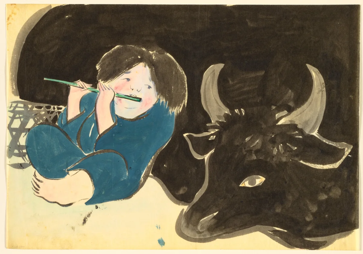 Flowers of a Hundred Worlds (Momoyogusa): Oxherd (Bokudo) by Kamisaka Sekka, drawing, 1909