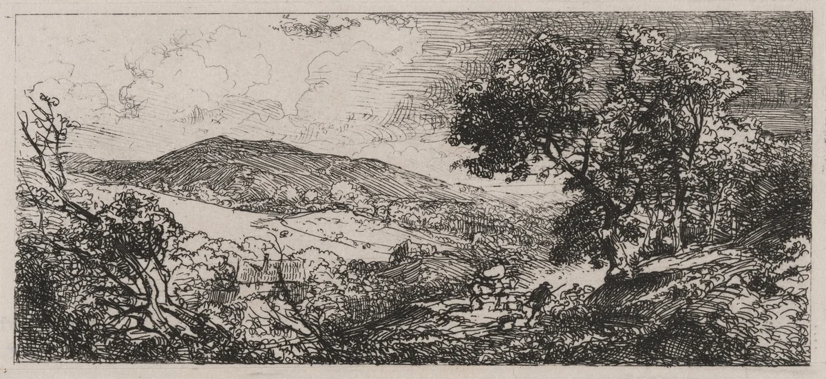Valley View, Man with a Donkey and a Dog by Caspar Johann Nepomuk Scheuren, print, 1842