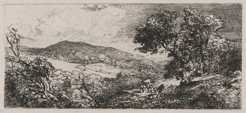 Valley View, Man with a Donkey and a Dog by Caspar Johann Nepomuk Scheuren, print, 1842