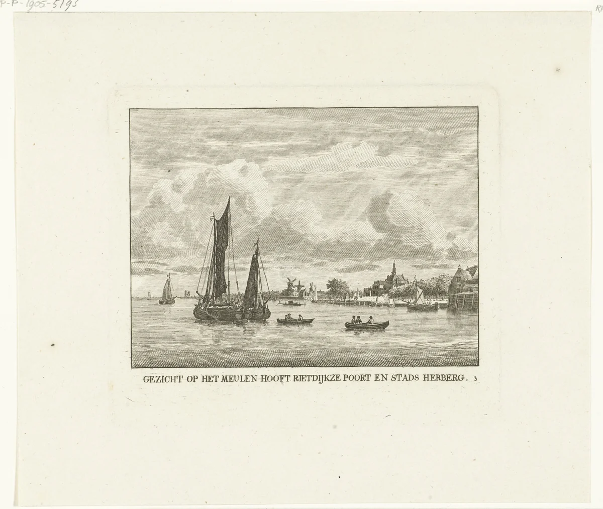 Gezicht op Dordrecht met in verte Molenhoofd, Riedijksepoort en stadsherberg by Carel Frederik Bendorp, print, 1803