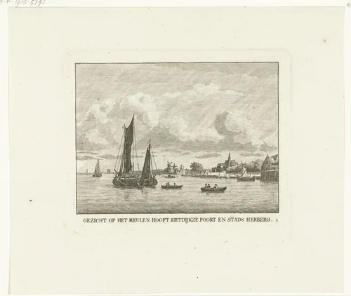 Gezicht op Dordrecht met in verte Molenhoofd, Riedijksepoort en stadsherberg by Carel Frederik Bendorp, print, 1803