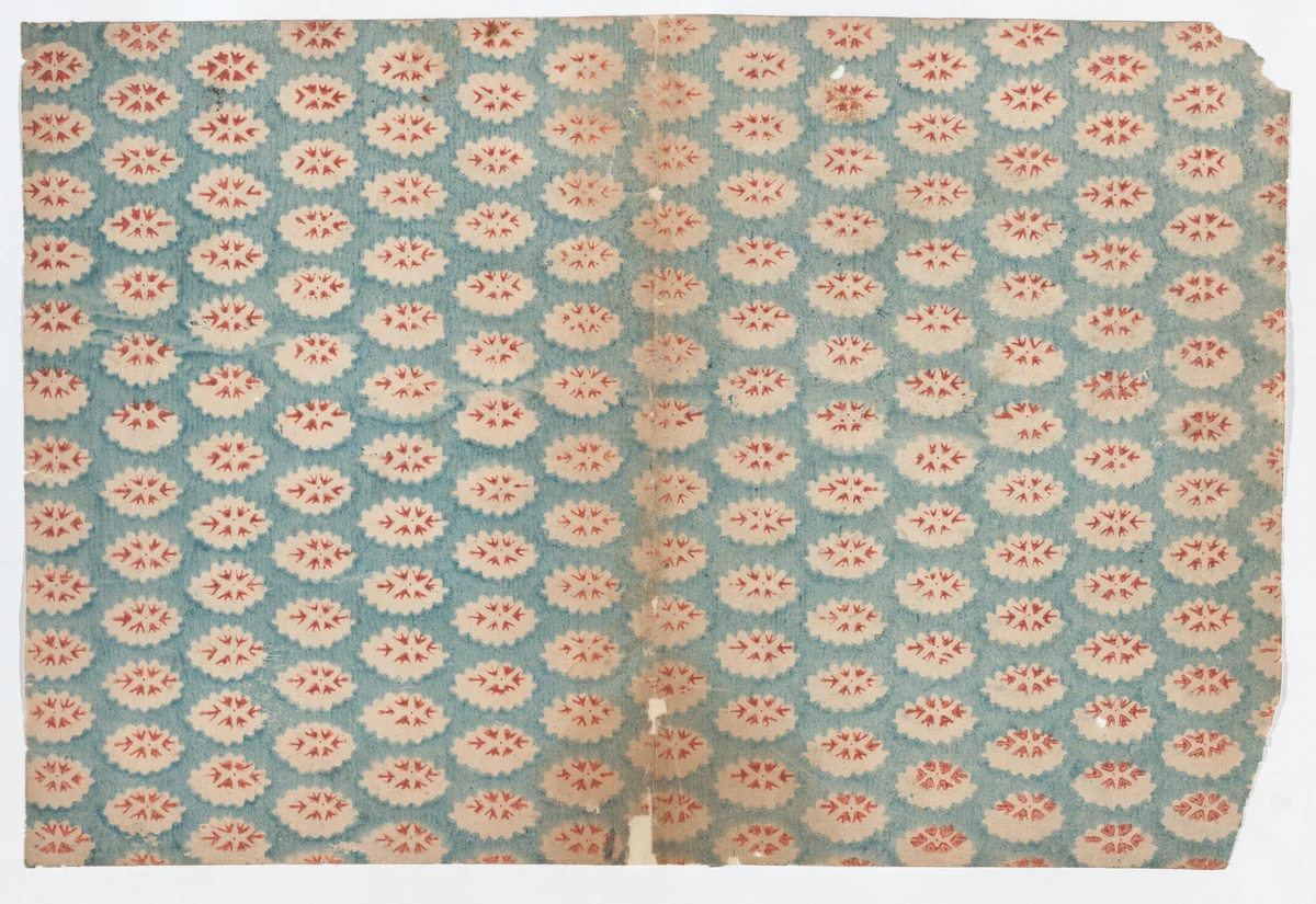 Sheet with overall pattern of ovals with red designs by anonymous, print, 1800-1900