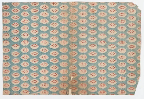 Sheet with overall pattern of ovals with red designs by anonymous, print, 1800-1900