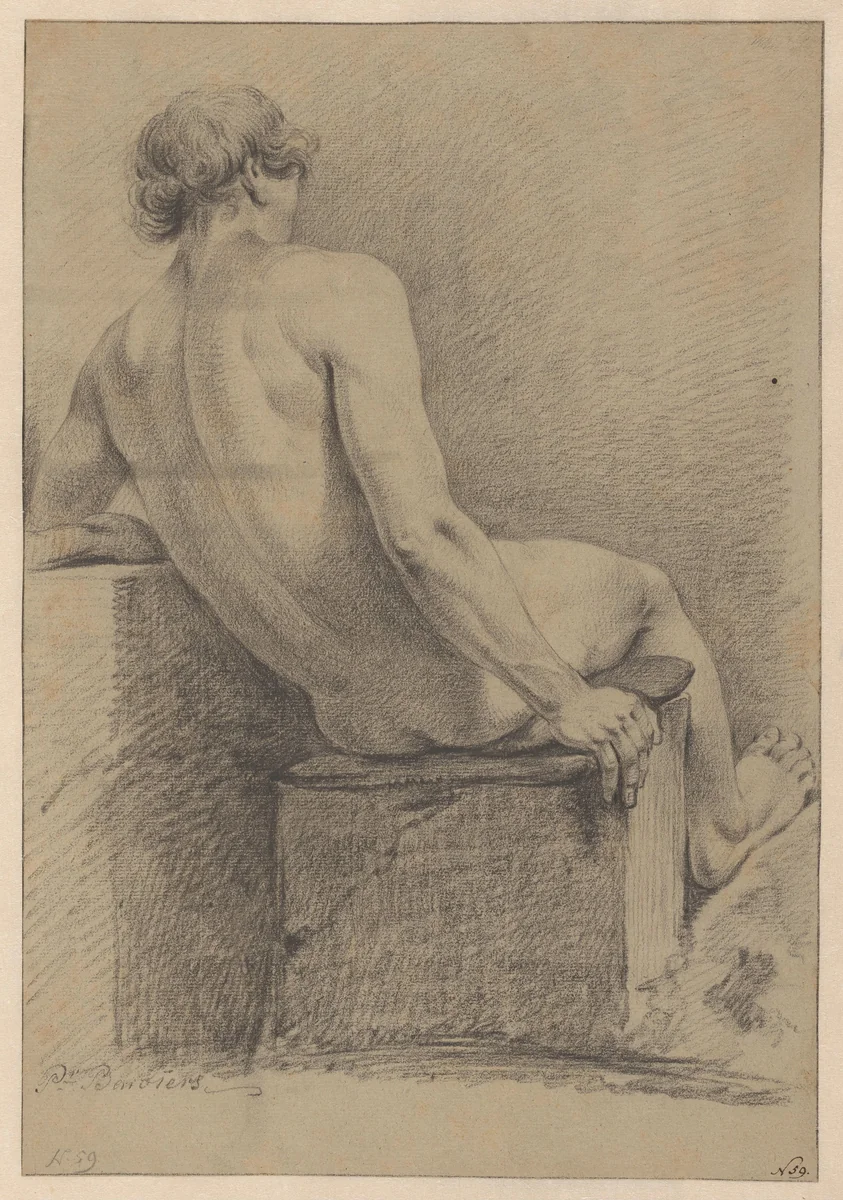 Zittend mannelijk naakt, op de rug gezien by Pieter Pietersz. Barbiers, drawing, 1759-1842