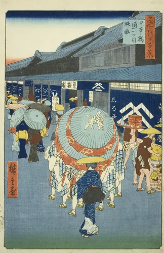 View of Nihonbashi Tori-itchome (Nihonbashi Tori-itchome ryakuzu), from the series "One Hundred Famous Views of Edo (Meisho Edo hyakkei)" by Utagawa Hiroshige (歌川広重), print, 1858